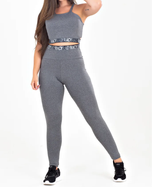 Conjunto Fitness calça legging cintura alta + cropped alcinha cinza mescla com elásticos