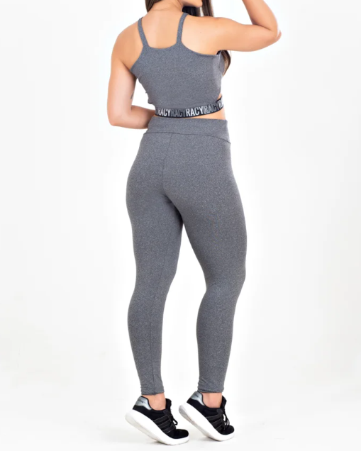 Conjunto Fitness calça legging cintura alta + cropped alcinha cinza mescla com elásticos