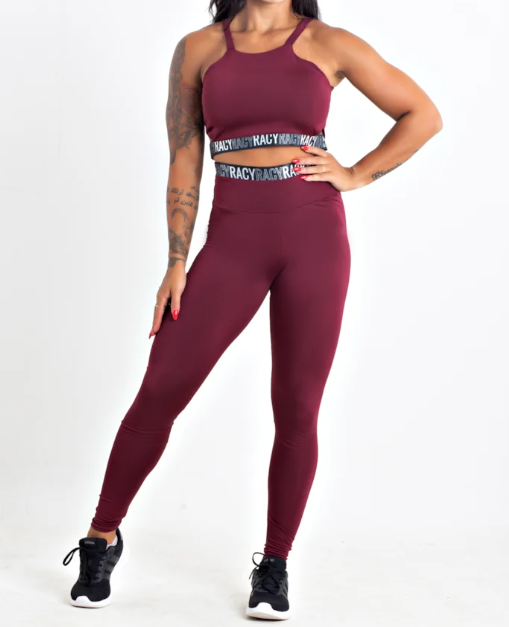 Conjunto Fitness calça legging cintura alta + cropped alcinha marsala com elásticos
