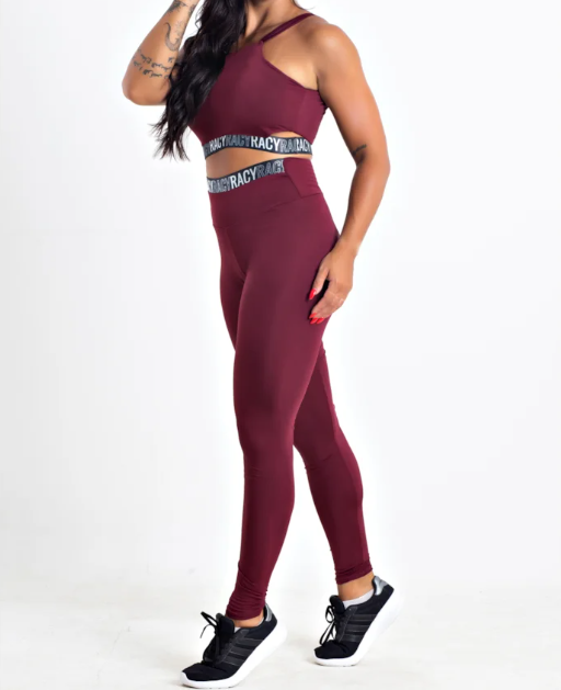 Conjunto Fitness calça legging cintura alta + cropped alcinha marsala com elásticos