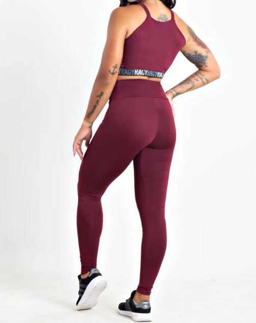 Conjunto Fitness calça legging cintura alta + cropped alcinha marsala com elásticos