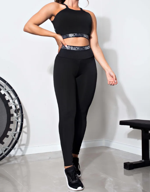 Conjunto Fitness calça legging cintura alta + cropped alcinha preto com elásticos