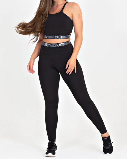 Conjunto Fitness calça legging cintura alta + cropped alcinha preto com elásticos
