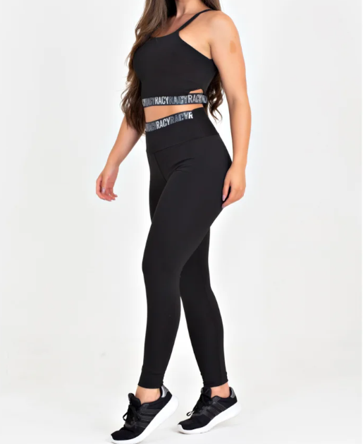 Conjunto Fitness calça legging cintura alta + cropped alcinha preto com elásticos