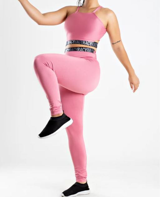 Conjunto Fitness calça legging cintura alta + cropped alcinha rose com elásticos