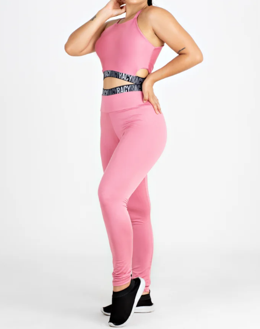 Conjunto Fitness calça legging cintura alta + cropped alcinha rose com elásticos