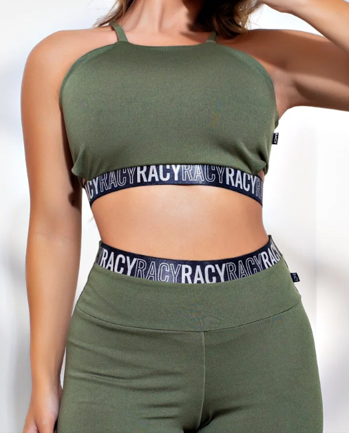 Conjunto Fitness calça legging cintura alta + cropped alcinha verde com elásticos