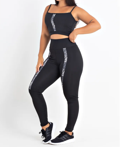 Conjunto Fitness calça legging cintura alta + cropped preto com elásticos