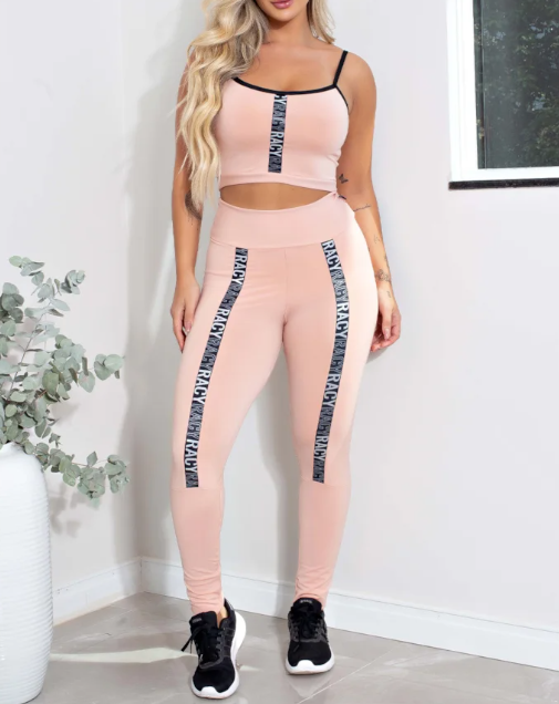 Conjunto Fitness calça legging cintura alta + cropped rose com elásticos