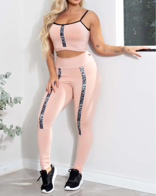 Conjunto Fitness calça legging cintura alta + cropped rose com elásticos
