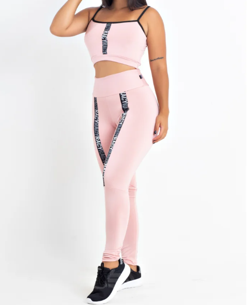 Conjunto Fitness calça legging cintura alta + cropped rose com elásticos