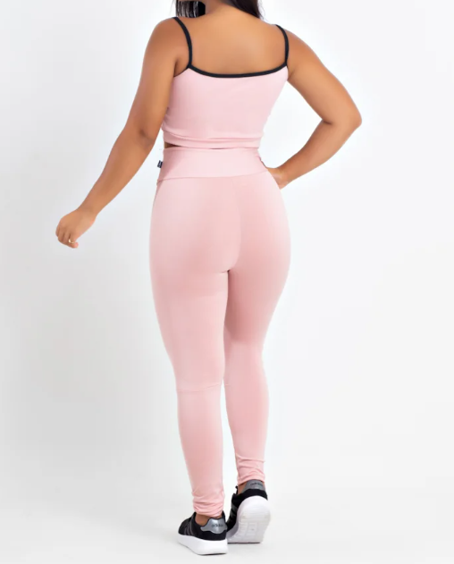 Conjunto Fitness calça legging cintura alta + cropped rose com elásticos