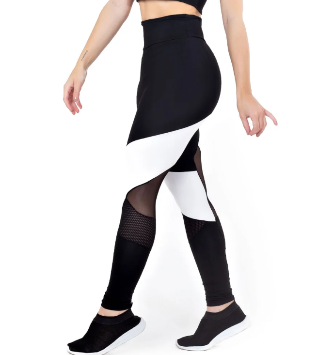 Calça legging cintura alta com detalhe em Tulê preto com branco