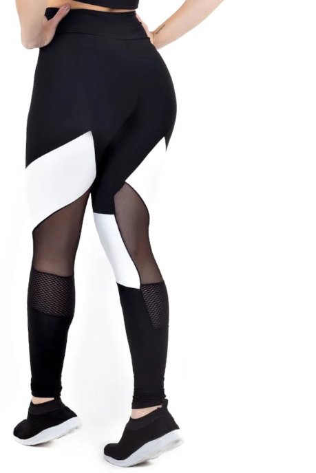 Calça legging cintura alta com detalhe em Tulê preto com branco