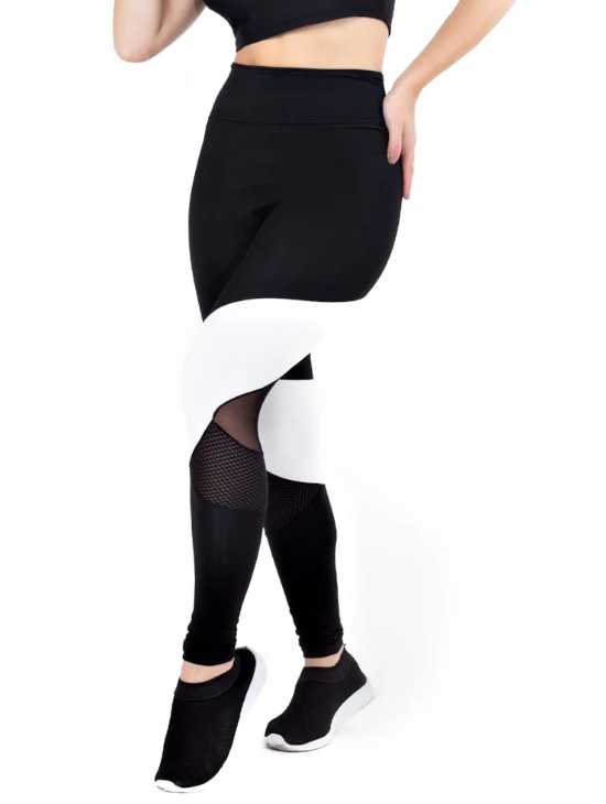 Calça legging cintura alta com detalhe em Tulê preto com branco