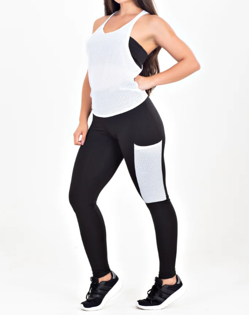 Conjunto calça legging com bolso em tela Dry + regata de tela + top tomara que caia preto com branco