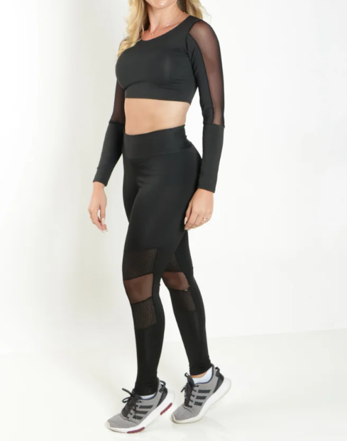 Conjunto calça legging com tela e Tule + cropped manga longa preto
