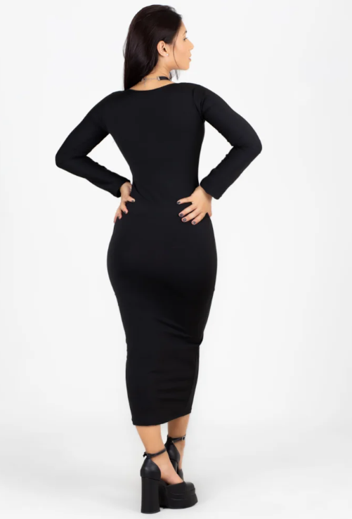 Vestido Midi manga longa com decote - Preto