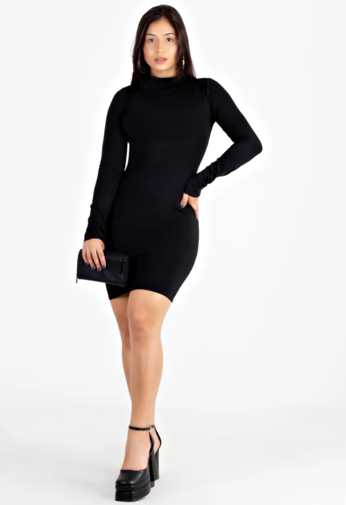 Vestido manga longa e gola alta tubinho - Preto