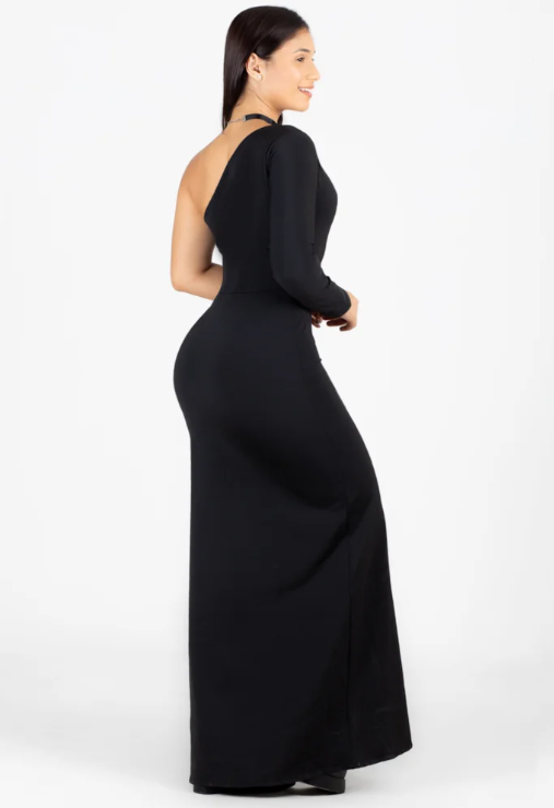 Vestido longo tubinho com fenda uma manga - Preto