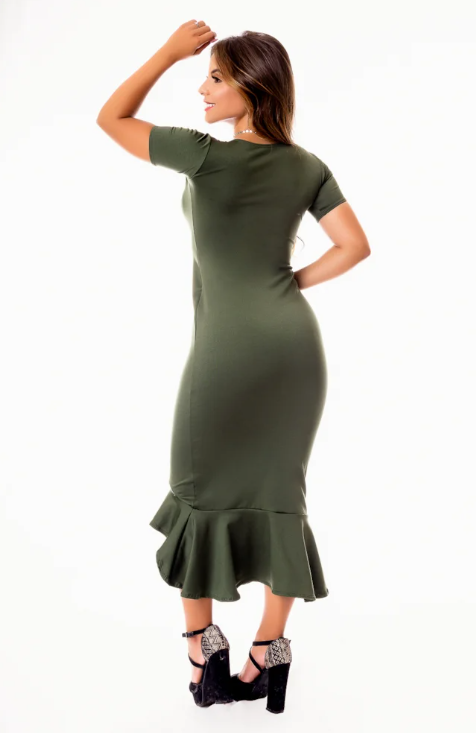 Vestido Maxi Midi com babado e manguinha