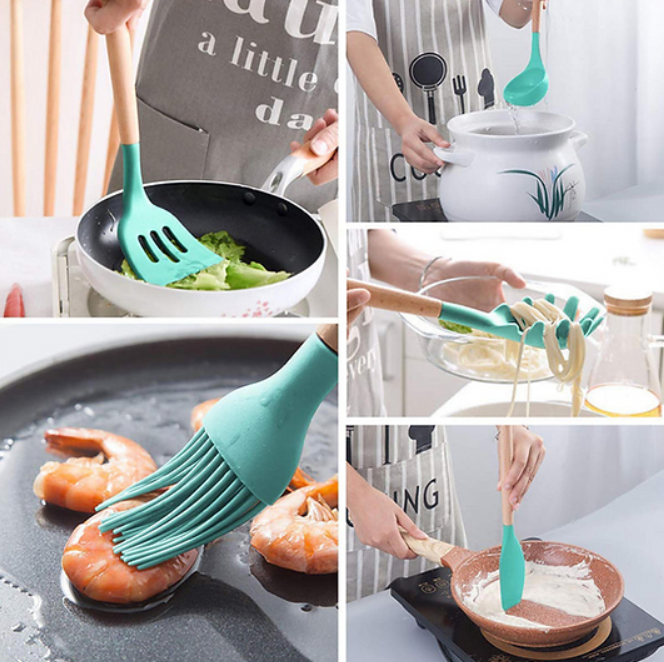 Kit 12 Peças - Utensílios de silicone e madeira - Premium
