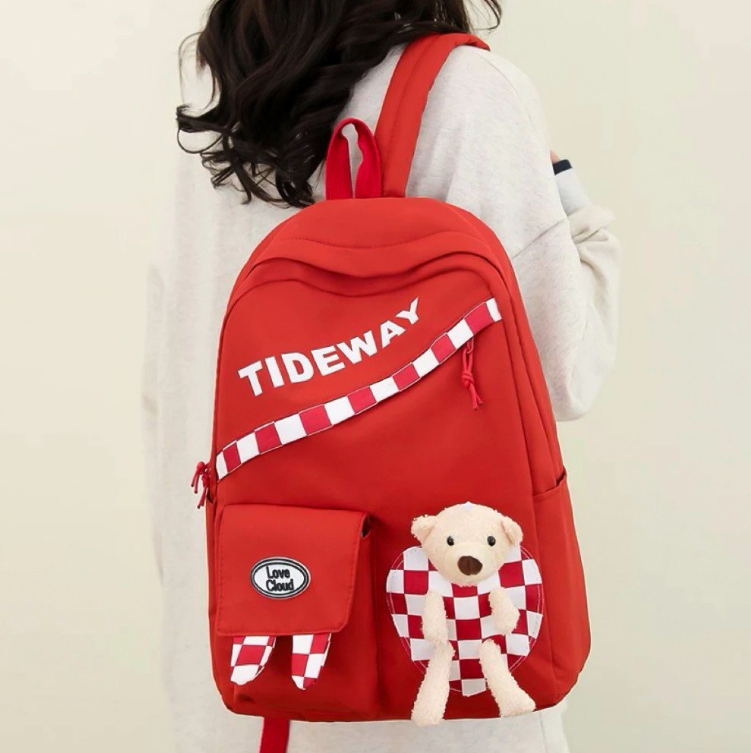 Mochila Feminina escolar com Laço e Ursinho - VERMELHO