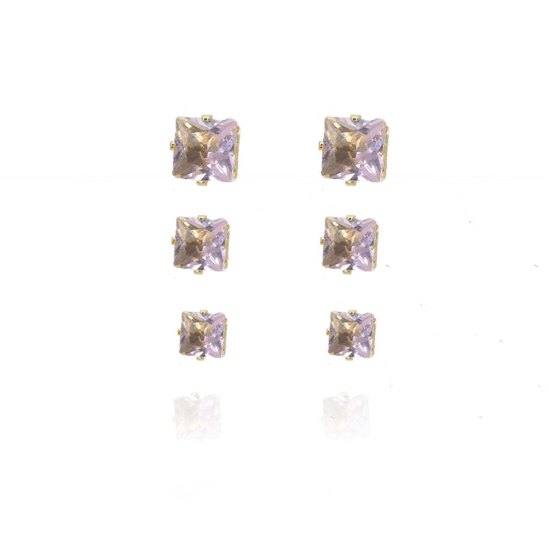 Trio Quadrado de Zircônia Rosa Claro Banhado em Ouro 18k