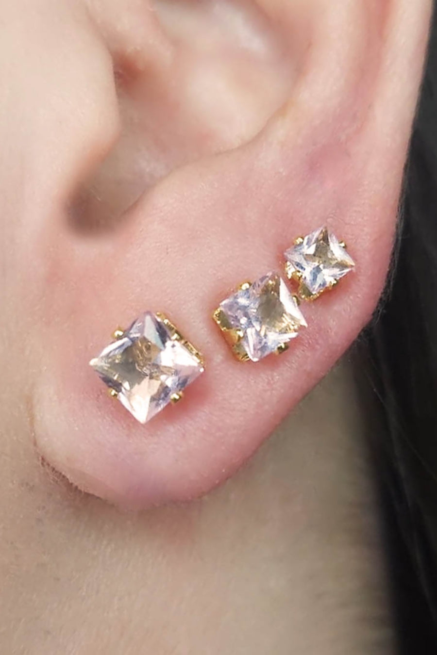 Trio Quadrado de Zircônia Rosa Claro Banhado em Ouro 18k