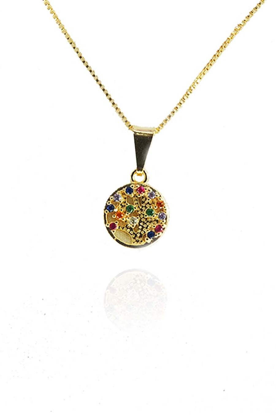 Colar Pingente Árvore da Vida com Zircônias Coloridas Banhado em Ouro 18k