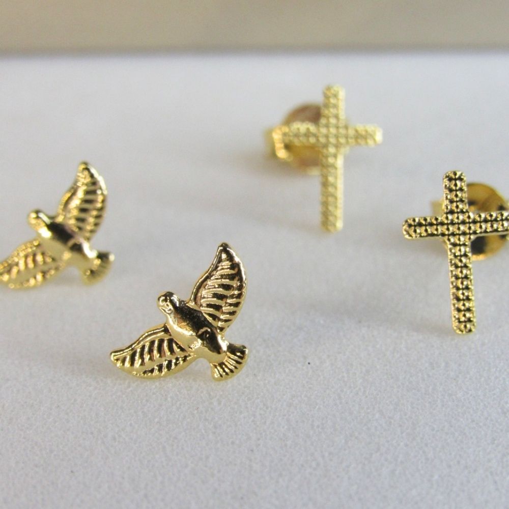 Duo de Cruz e Espírito Santo Banhado em Ouro 18k