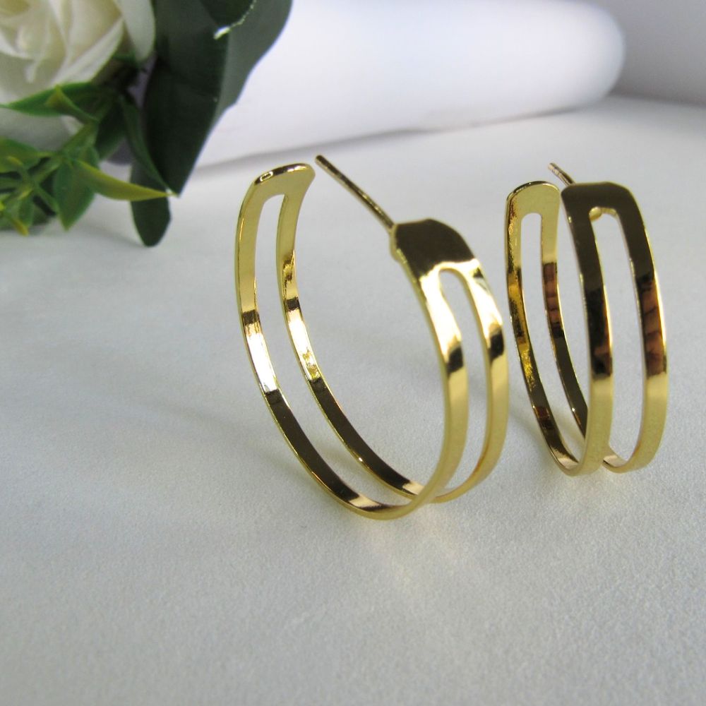 Brinco Argola Media Dupla Vazada Banhado em Ouro 18k