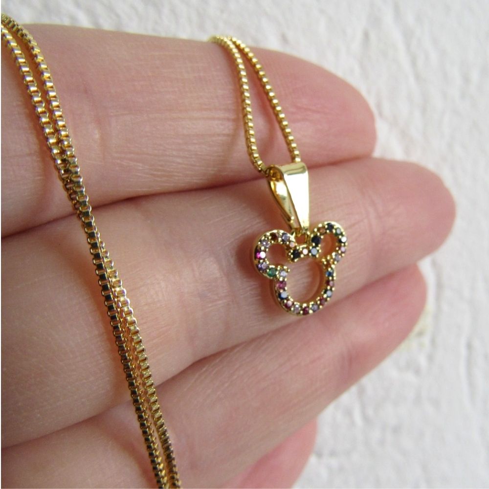 Colar Com Pingente Do Mickey De Zircônia Colorida Banhado em Ouro 18k