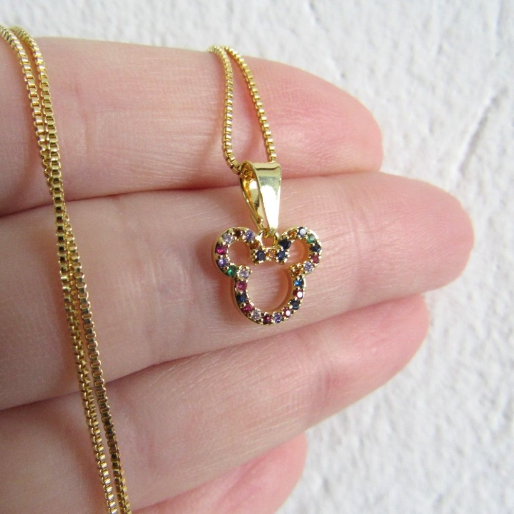Colar Com Pingente Do Mickey De Zircônia Colorida Banhado em Ouro 18k