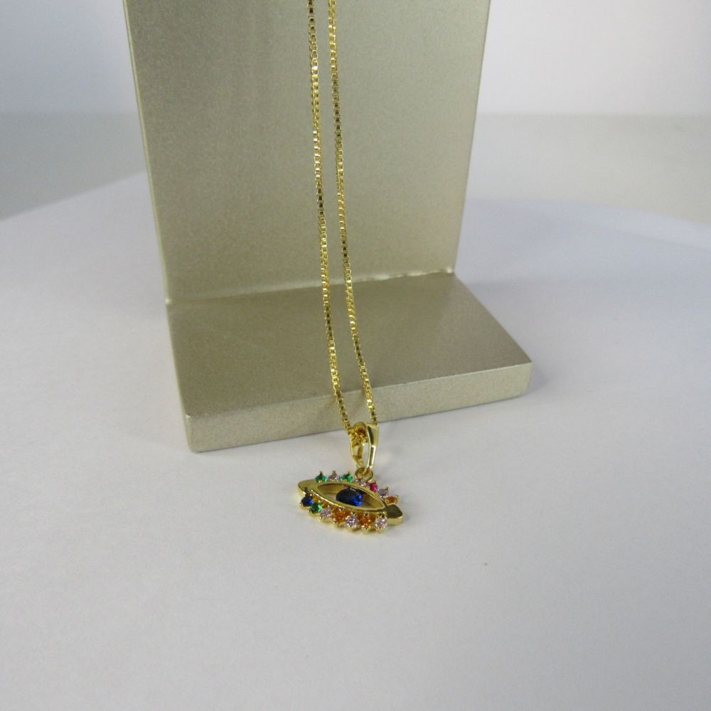Colar Pingente Olho Grego com Zircônia Multicolor Banhado em Ouro 18k