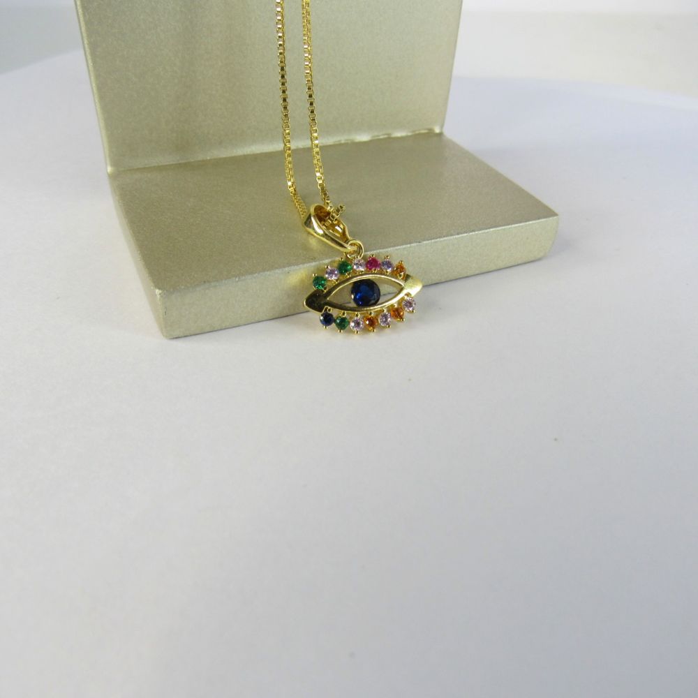 Colar Pingente Olho Grego com Zircônia Multicolor Banhado em Ouro 18k