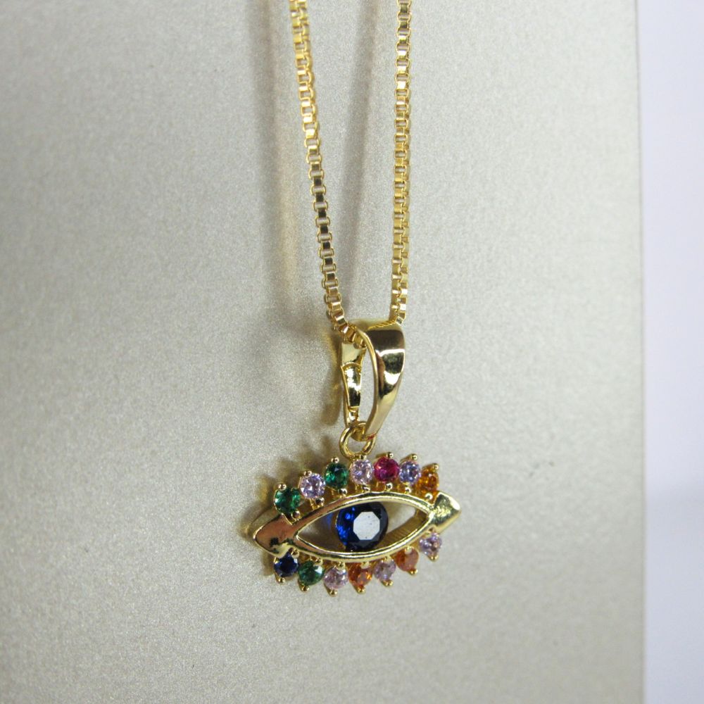 Colar Pingente Olho Grego com Zircônia Multicolor Banhado em Ouro 18k