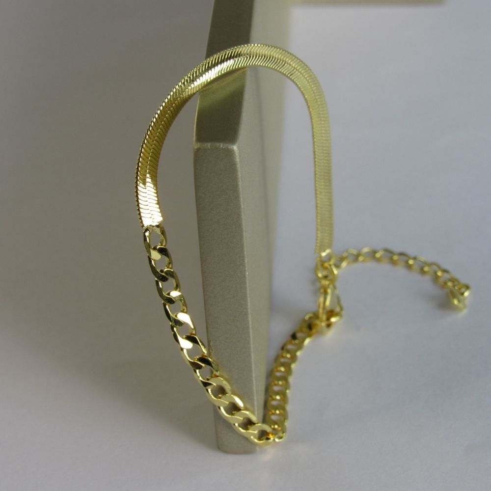 Pulseira Meia Fita Meia Corrente Banhado em Ouro 18k
