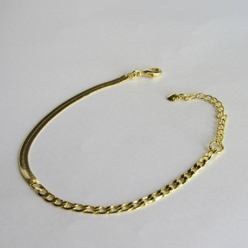 Pulseira Meia Fita Meia Corrente Banhado em Ouro 18k