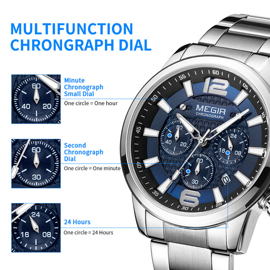MEGIR Men's Quartz Wrist Watch Stainless Steel Band Chronograph Watches Luminous Waterproof Wristwatch Man Clock Military Watch-10
