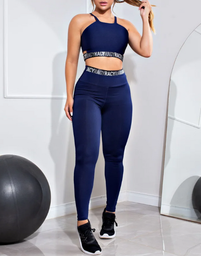 Conjunto Fitness feminino calça legging cintura alta + cropped alcinha marinho com elásticos