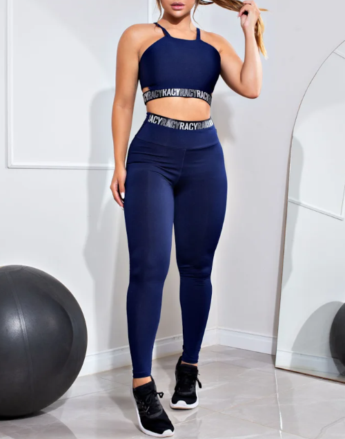 Conjunto Fitness feminino calça legging cintura alta + cropped alcinha marinho com elásticos