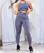 Conjunto Fitness calça legging cintura alta + cropped alcinha cinza mescla com elásticos