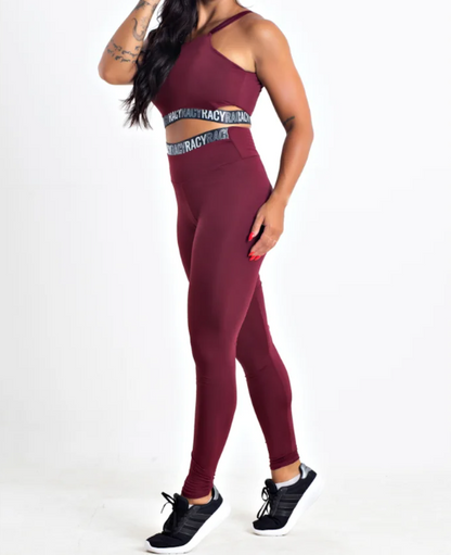 Conjunto Fitness calça legging cintura alta + cropped alcinha marsala com elásticos