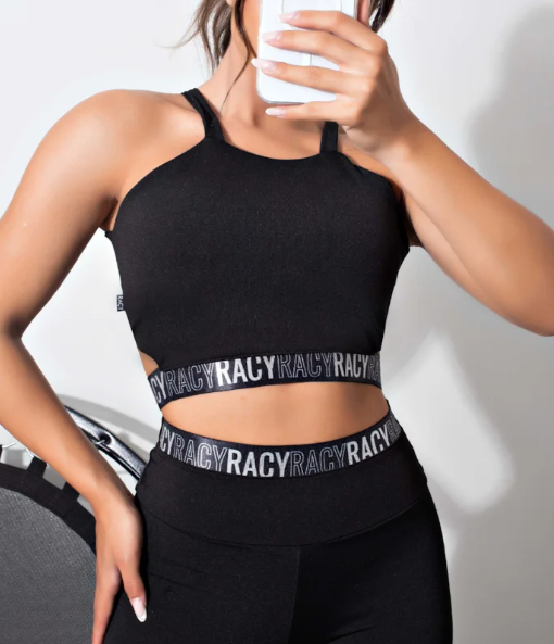 Conjunto Fitness calça legging cintura alta + cropped alcinha preto com elásticos
