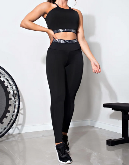 Conjunto Fitness calça legging cintura alta + cropped alcinha preto com elásticos