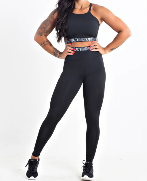 Conjunto Fitness calça legging cintura alta + cropped alcinha preto com elásticos