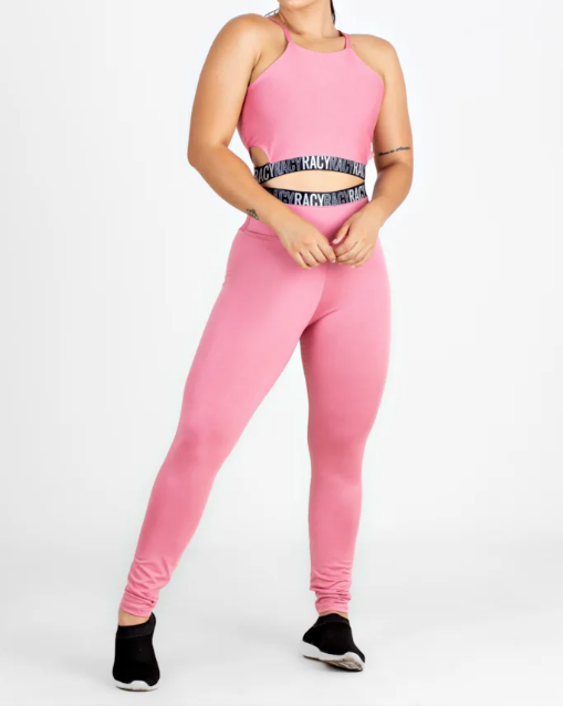 Conjunto Fitness calça legging cintura alta + cropped alcinha rose com elásticos