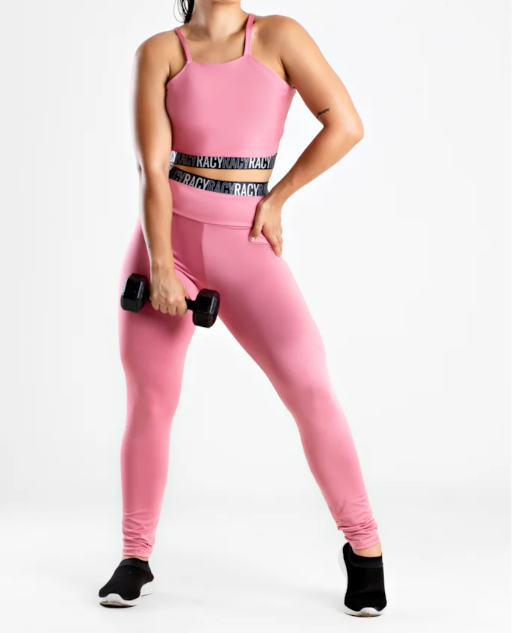 Conjunto Fitness calça legging cintura alta + cropped alcinha rose com elásticos