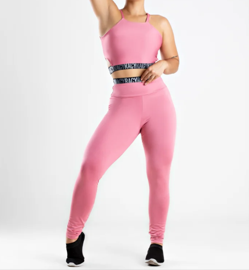 Conjunto Fitness calça legging cintura alta + cropped alcinha rose com elásticos
